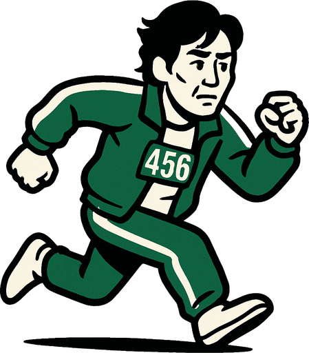 Crea al player del juego el calamar con el traja verde corriendo con el numero 456..
In-Game asset.  2d.  High contrast.  No shadows