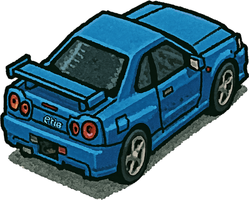 nissan gtr r34, seen from rear right

Top-down, gta2, Single Game Texture. In-Game asset. 2d. Blank background. High contrast. No shadows.isometric