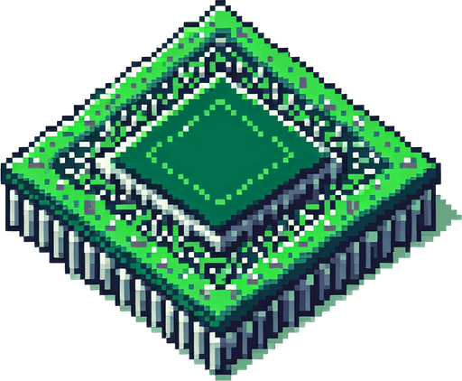 Green microchip pixelart
Single Game Texture. In-Game asset. 2d. Blank background. High contrast. No shadows.