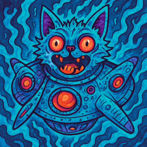 crazy blue lava cat spaceship top view.