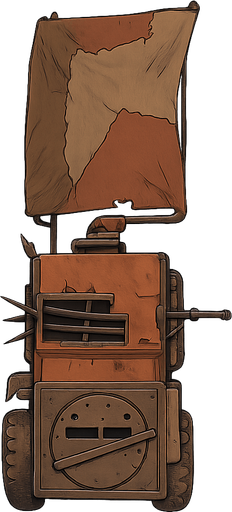 It will be in the style of a Mad Max truck and will have a top view. No background. Transparent background. Blank background. No shadows. 2d. In-Game asset. flat