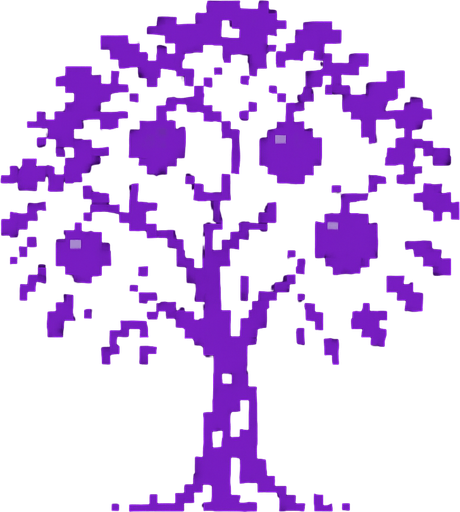 obscurity black purple 8 bits and a fruit tree.
In-Game asset.  2d.  High contrast.  No shadows
