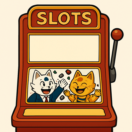 An electronic slots machine with the word Slots at the top. The section where the reels should be is a big empty rectangular window, no background. Underneath that window have a smaller graphic of the cats from this picture throwing chips into the air as a picture on the face of the slots machine. Like they’ve won a jackpot. Include the part where the buttons are, but have that part blank with no buttons. Background behind the image is white.