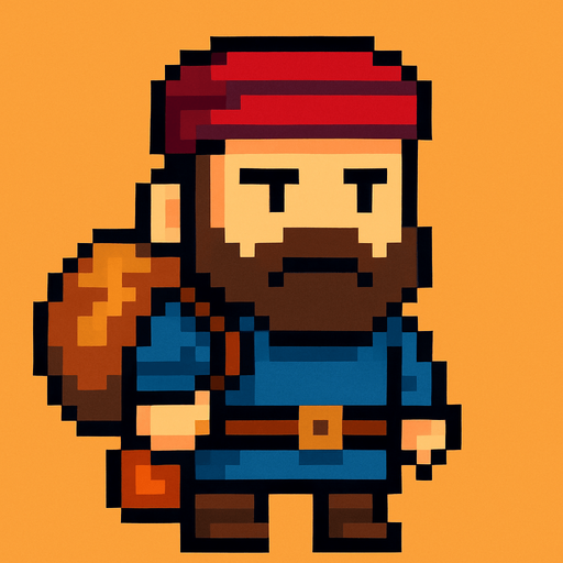 Genera una imagen de un comerciante pixel y que su cabeza sea un poco más grande que su cuerpo.
In-Game asset.  2d.  High contrast.  No shadows