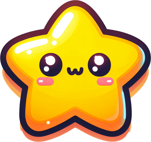 a bright yellow shiny cute star.
Single Game Texture. In-Game asset. 2d. Blank background. High contrast. No shadows.