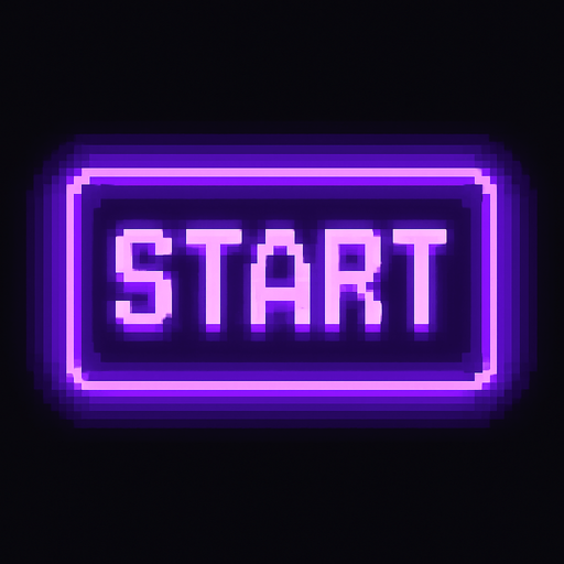 A single rectangular pixel art button labeled “Start” in a purple neon tone, designed for a lo-fi rhythm-based pixel art game. The button has soft glowing edges, a subtle pixel shadow, and a clean 1-bit pixel font. The overall mood is cozy and dreamy, matching a neon-lit DJ studio aesthetic. The background should be transparent..
In-Game asset.  2d.  High contrast.  No shadows