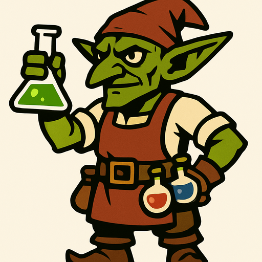 kimyasalcı goblin, boydan.
In-Game asset.  2d.  High contrast.  No shadows