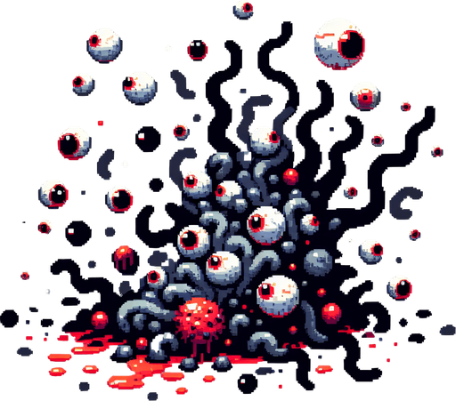 Gray red blob explosion, tentacles, eye balls, squelch
Single Game Texture. In-Game asset. 2d. Blank background. High contrast. No shadows.