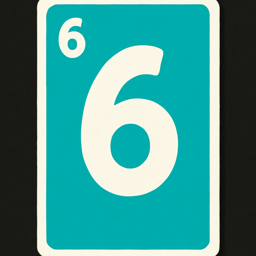 Rectangular card numbered 6, with a white border around it and a turquoise background..
In-Game asset.  2d.  High contrast.  No shadows