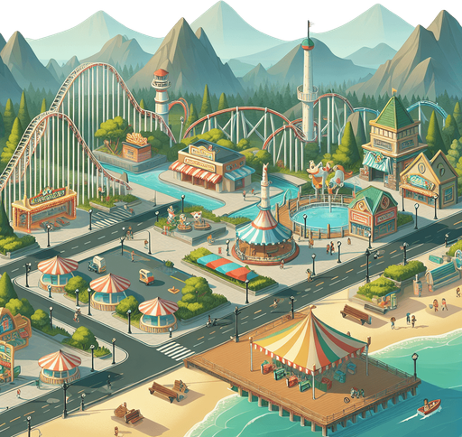 theme park.
Single Game Texture.  In-Game asset.  2d.  Blank background.  High contrast.  No shadows. 2d