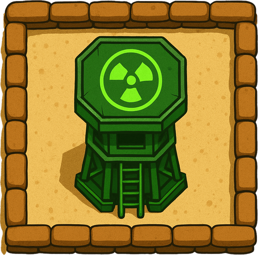 Top view of an Green defense Military tower large Toxic, in the desert, the image has a square border outlined by military defense Brown sandbags.
In-Game asset.  2d.  High contrast.  No shadows