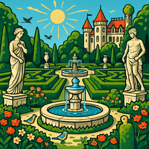 A royal medieval garden with trimmed hedges, stone fountains, blooming flowers and marble statues, birds chirping under the morning sun.
In-Game asset.  2d.  High contrast.  No shadows