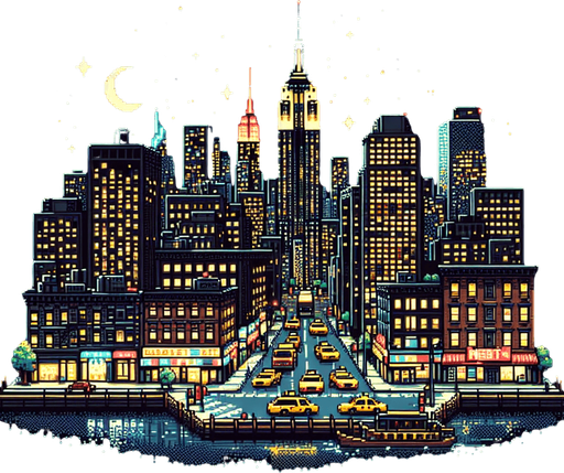 8 bit image city of newyork with black sky night.
Single Game Texture.  In-Game asset.  2d.  Blank background.  High contrast.  No shadows