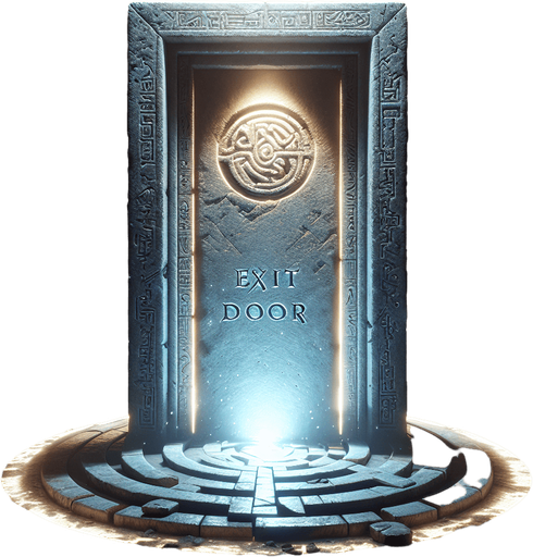 La porte d'Exit est un portail mystérieux et imposant qui se distingue par son atmosphère énigmatique. Elle est située à la fin du labyrinthe, là où la lumière semble devenir plus intense et où le suspense atteint son apogée.

    Structure : La porte est massive, faite de pierres anciennes et usées par le temps, avec des gravures mystérieuses sur les côtés. Elle semble être une sorte de portail magique, ses bords ornés de runes qui brillent faiblement dans l'obscurité. Les gravures changent légèrement lorsque le joueur s'en approche, comme si elles réagissaient à la présence du héros.

    Couleurs et lumière : L'exit émet une lumière douce mais persistante, un halo qui contraste fortement avec l'obscurité du reste du labyrinthe. La lumière n'est pas chaude, mais plutôt froide, avec des tons de bleu pâle et d'argent. Cela donne à la porte une allure à la fois apaisante et étrange. De petites étincelles flottent autour de la porte, comme si une force invisible était à l'œuvre..
Single Game Texture.  In-Game asset.  2d.  Blank background.  High contrast.  No shadows