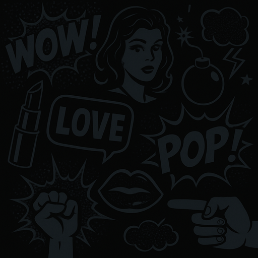 Black popart background. Only dark colors. Lots of pop art reference
In-Game asset.  2d.  High contrast.  No shadows