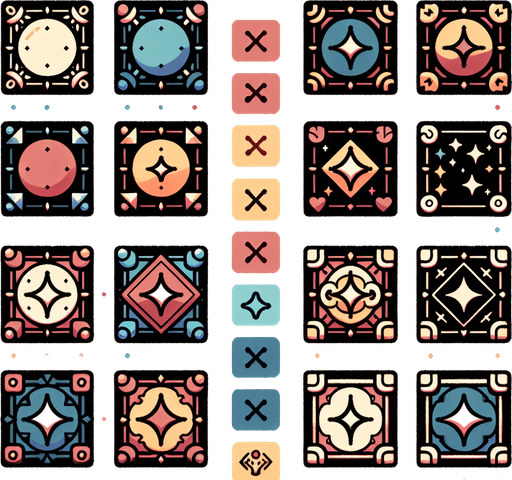 Design a spritesheet for a minimal, hyper-casual 2D mobile game in a flat, 2D illustration style. The spritesheet contains nine square tiles, each defined by a single dominant color and a contrasting, clean frame with subtle shape variations to represent functionalities like damage, magic, or healing. The tiles remain simple and uncluttered, with no symbols or icons inside, emphasizing clarity and modern design. The frames themselves convey purpose through their unique shapes, creating a polished, playful, and approachable aesthetic perfect for vibrant mobile gaming experiences.
Single Game Texture. In-Game asset. 2d. Blank background. High contrast. No shadows.