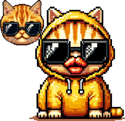 The character in the image is now envisioned as a pixel-art masterpiece, akin to a legendary golden NFT. This orange tabby cat, with its distinct stripes, is brought to life using a luxurious palette of golden and orange square pixels. The round face is accentuated by large, black pixels for eyes, shielded by opulent, oversized, round, dark opaque sunglasses crafted from golden pixels. The cat's signature, exaggerated red pout, resembling a duck's bill, is rendered in a rich, golden hue, stretching across the entire width of its face, adding to its rarity and allure. The body, deliberately smaller in pixel size compared to its head, is designed to enhance the character's cute, chubby appearance, all in golden tones to emphasize its legendary status. Adorned in a simple, light-colored hoodie with a golden pixelated drawstring, the cat sits with its paws visible in front, maintaining a relaxed posture. This creation, with its playful and whimsical pixel art style, embodies the essence of a luxurious and rare digital collectible, perfect for a high-value NFT mascot or a character in an exclusive digital children's book..
Single Game Texture. In-Game asset. 2d. Blank background. High contrast. No shadows.