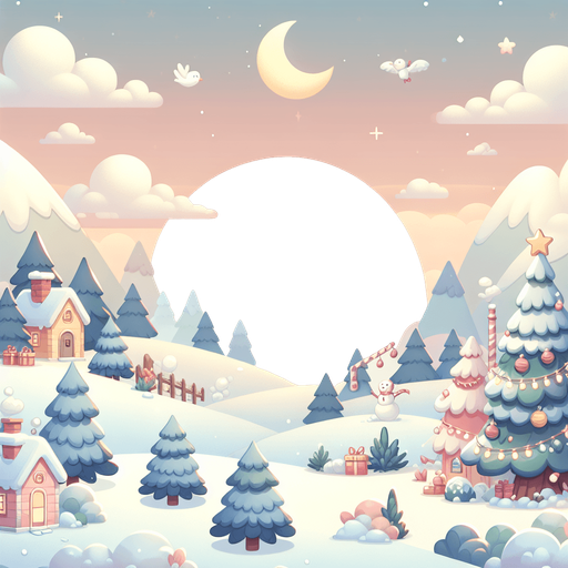 Christmas landscape scene, soft colours. Blank background. High contrast. No shadows. Single Game Texture. In-Game asset. 2d. Blank backgroud Single Game Texture. In-Game asset. 2d. Blank background. High contrast. No shadows.