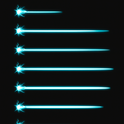 An animation sprite sheet for a solid laser beam. Cyan highlights..
In-Game asset.  2d.  High contrast.  No shadows