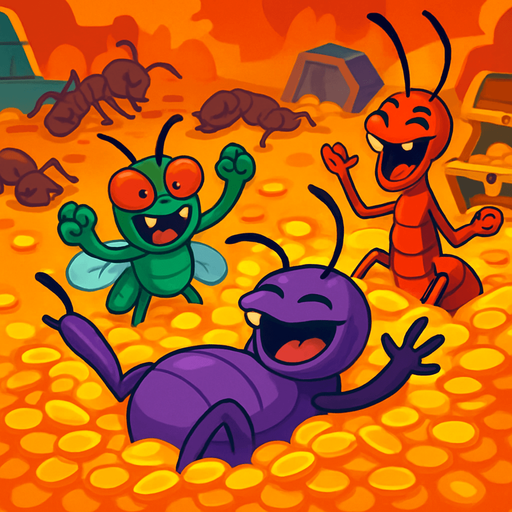 When the evil insects win, they celebrate by swimming in piles of gold coins. Cartoonish, colorful, and fun scene. In the background, defeated allied ants and the lost treasure atmosphere. Filled with vibrant colors and animated details..
In-Game asset.  2d.  High contrast.  No shadows