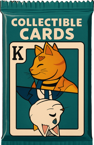 A booster pack of collectible cards in the plastic packaging. On the package is a picture of these two cats as if they are the King on a card in a deck of regular playing cards. The orange one is on top facing left and the bottom one is the white one facing right, side profile, just like a king on a regular playing card. There is a K in the top left corner to mark the King, but no suit.