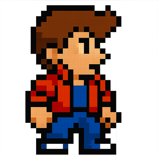 A human character, player from an arcade retro game, looking like in the 80s 90s, hair, male, looking right, pixel style.
In-Game asset.  2d.  High contrast.  No shadows