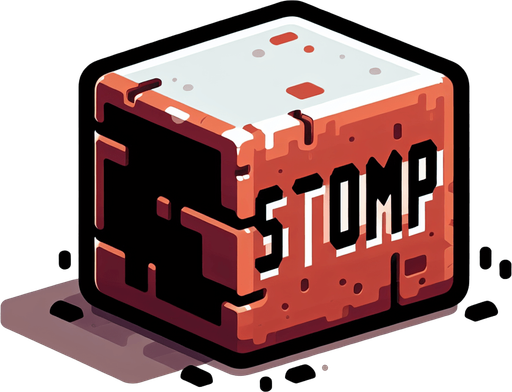 a forward facing brick with the writing "Stomp" Single Game Texture. In-Game asset. 2d. Blank background. High contrast. No shadows.