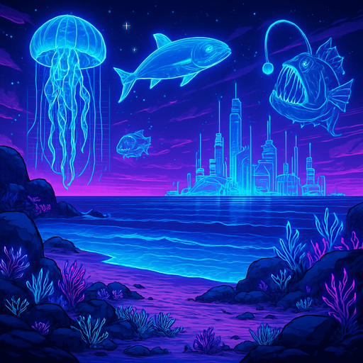 neon cyberpunk manga seaside biome  ocean beach holograms projections cyber deep sea background scene large hd overworld futuristic side platformer bg sea floor coastal
