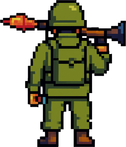 Militar de espalda, derecho , rpg, pixelart.
In-Game asset.  2d.  High contrast.  No shadows