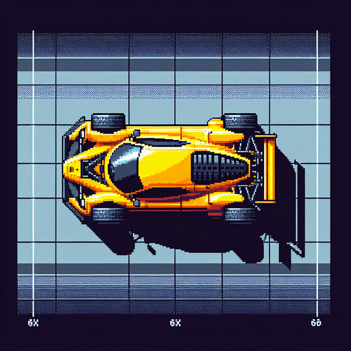 Top-down view of a yellow racing car, pixel art style, 64x64, arcade-style graphics, sharp and fast-looking design".top down view
Single Game Texture.  In-Game asset.  2d.  Blank background.  High contrast.  No shadows