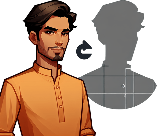 indian man.
Single Game Texture. In-Game asset. 2d. Blank background. High contrast. No shadows.