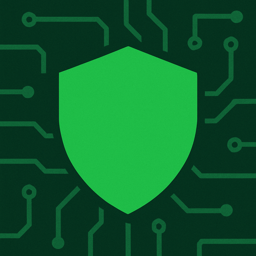 Green, simple shield icon, clean minimal futuristic design, top-down view, 76x76 pixels, matches sci-fi circuit board theme, no text, no glow, no effects, just flat shape.
In-Game asset.  2d.  High contrast.  No shadows