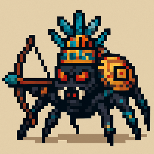 Genérame una Araña guerrero azteca con eso patrones, estilo pixelar, con una apariencia maligna, ojos rojos, rabioso. Unidad a distancia, con un arco o cerbatana. Animal.
In-Game asset.  2d.  High contrast.  No shadows