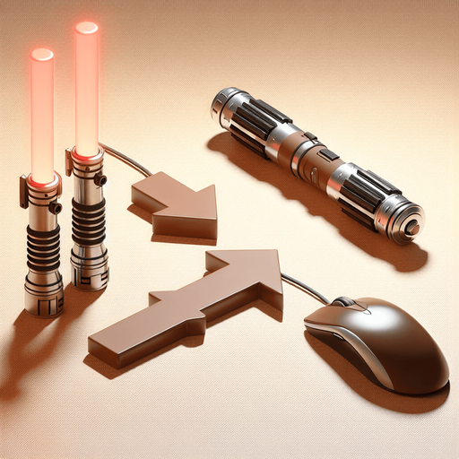 Brown Lasersaber in vertical position, next to it the same horizontally. In between, there is a back-and-forth arrow and a computer mouse..