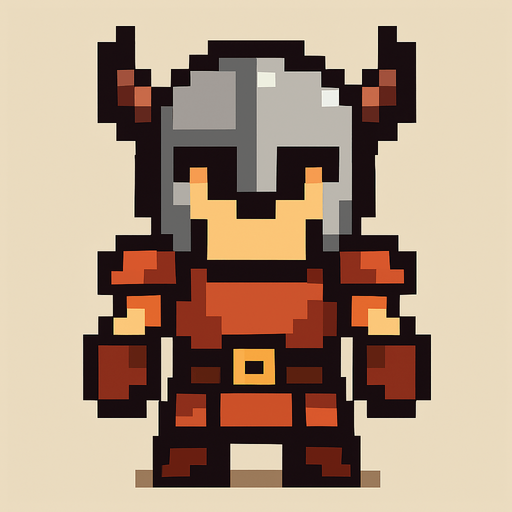 Genera una imagen de un guerrero pixel, sin armas, y que tenga la cabeza un poco más grande que el cuerpo tipo pixel.
In-Game asset.  2d.  High contrast.  No shadows