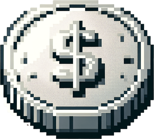 perspective of a basic silver coin with a dollar sign ‘$’....
video game sprite