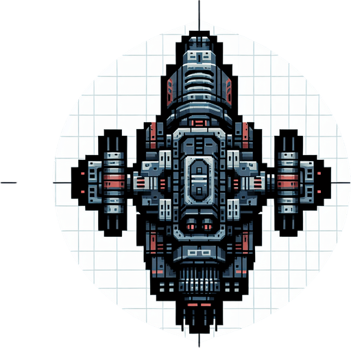 retro 2d spaceship, top view.
Single Game Texture.  In-Game asset.  2d.  transparent background.  High contrast.  No shadows