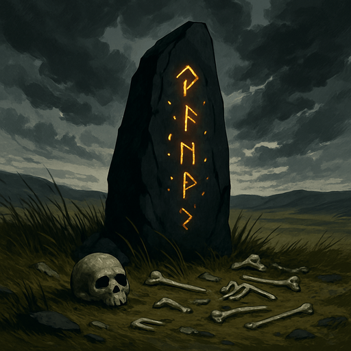 A windswept plain with a cursed black stone monolith, glowing runes etched into it, bones scattered around, storm clouds looming, realistic.
In-Game asset.  2d.  High contrast.  No shadows