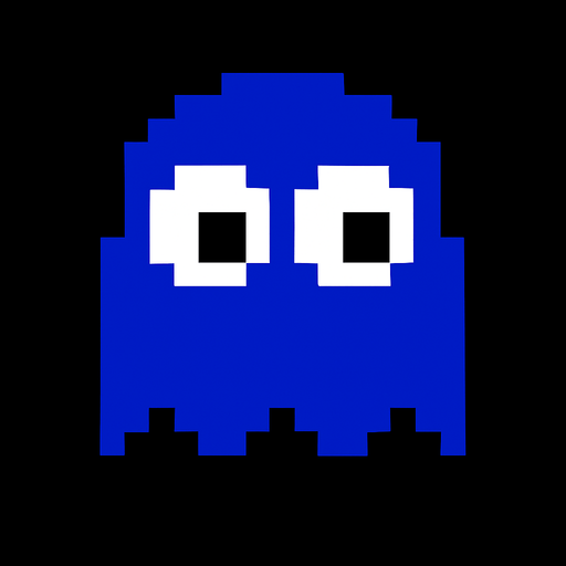 Pacman dark blue ghost with plain white eyes.
In-Game asset.  2d.  High contrast.  No shadows