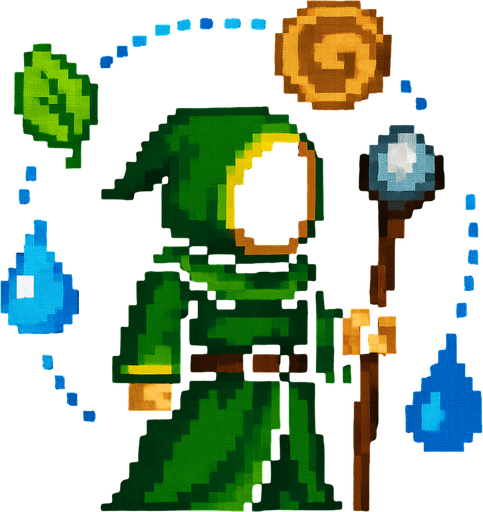 Same wizard but looking left and with other elements and in a green cloak