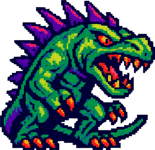 90'lardaki retro oyun dinazoru. vahşi olsun. diğer canavarlarda gibi olmayan renk olsun
In-Game asset.  2d.  High contrast.  No shadows