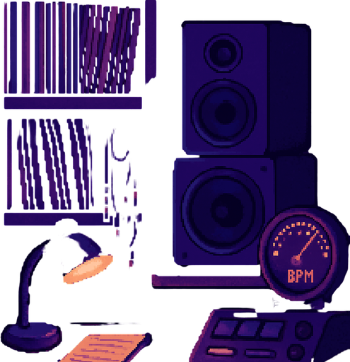 A 2048x2732 vertical pixel art background for a settings screen in a pixel-art rhythm game. The scene shows a cozy side corner of the same DJ studio seen in the main menu, with shelves full of vinyls, tangled audio cables, studio monitors, and an analog BPM dial glowing softly. A small desk lamp casts a warm light over a notepad and some buttons. The lighting is purple and blue, calm and focused. The mood is quiet, technical, and slightly futuristic — perfect for adjusting settings..
In-Game asset.  2d.  High contrast.  No shadows