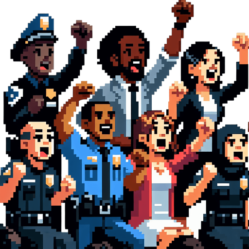 8-bit crowd of police and others cheer.
Single Game Texture. In-Game asset. 2d. Blank background. High contrast. No shadows.