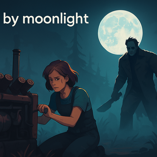 Fullscreen modern App Store landscape banner, 16:9, high definition, for a game titled "die by moonlight" and with the description "A game where player fix generators and tries to escape killer.". No text on banner,put the name on the up-left corner