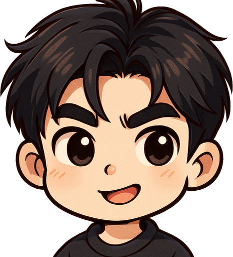 Make him in cartoon chibi style, retains his key facial features such as his strong jaw, straight and marked eyebrows, oval face with a mischievous expression like that of a friendly and curious child.