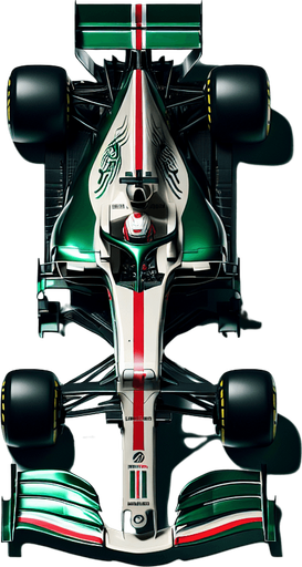 F1 Jaguair race car. Shiny green body. white Jaguar animal logo on body. thin red and white stripes. white front wings and white rear wing.  TOP VIEW!.
Single Game Texture. In-Game asset. 2d. Blank background. High contrast. No shadows.