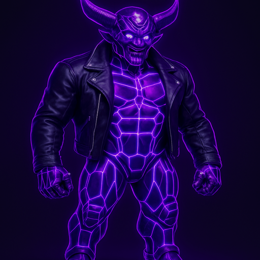 Black leather biker jacket longsleeves bare segmented neon cyberpunk pecs abs muscles robot monster hunk Neon cyberpunk 3d hologram corporate occult demon android mecha robot sentinel guard soldier machine monster fully in frame no part cut off no background anime futuristic Background removed, "Full-body character, entirely in frame, no cropping of face, head, or feet" "Complete character visible, from head to toe, fully centered in the image" "Entire character, including face and boots, fully within the frame" Character fully contained within a square frame, no edges cut off  horns through boots