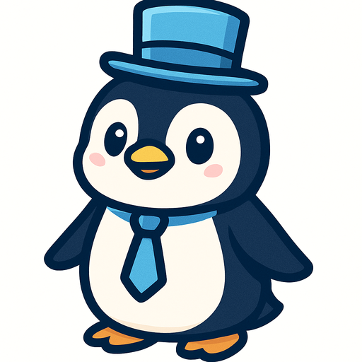 A cute penguin with a light blue top hat and light blue neck tie.
In-Game asset.  2d.  High contrast.  No shadows