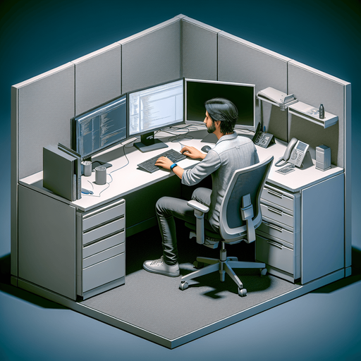 a developer sitting on his laptop in his cubicle, typing on the keyboard.
Single Game Texture.  In-Game asset.  2d.  Blank background.  High contrast.  No shadows