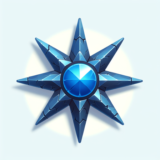 small star shape, vivid metallic blue, varying length spikes on star.
Single Game Texture. In-Game asset. 2d. Blank background. High contrast. No shadows.